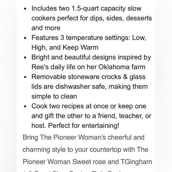 🦋 New Pioneer Woman (1) Sweet Rose & (1) Gingham 1.5-Qt MINI Slow Cookers - Picture 2 of 5